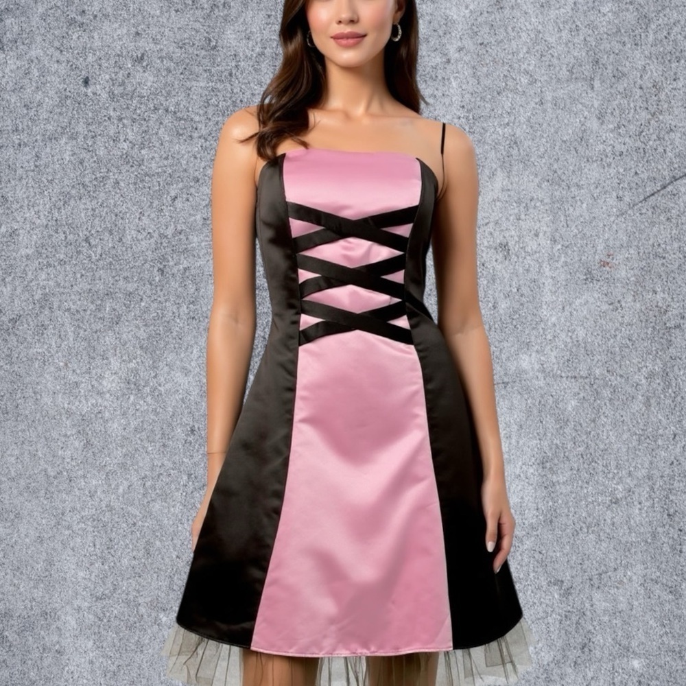Jessica McClintock Satin Corset Dress S/M Pink Ribbon & Brown Whimsigoth Fairy